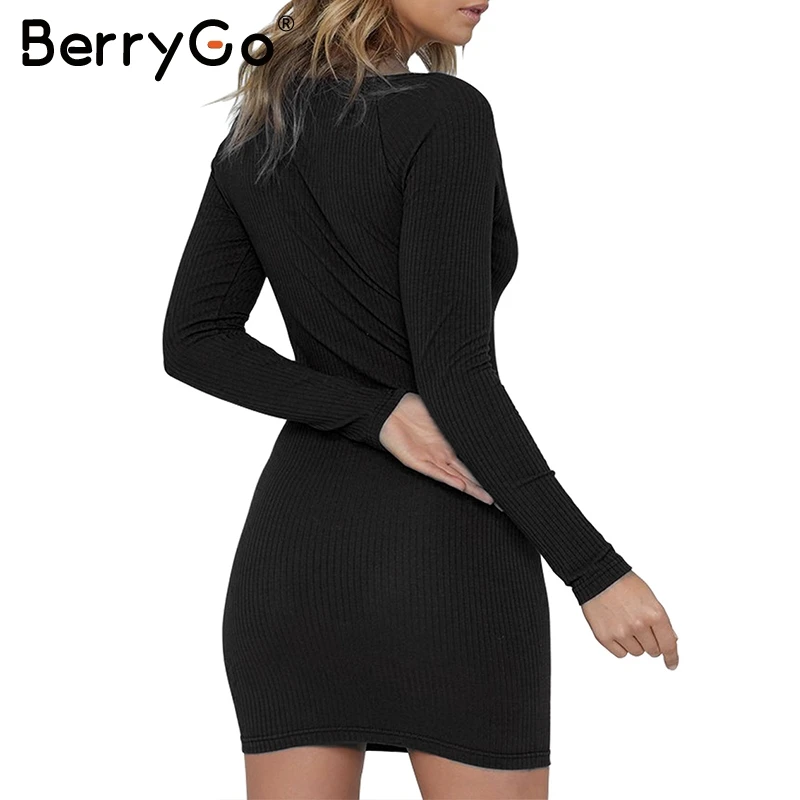 BerryGo красный вязаный bodycon сексуальное платье Для женщин Длинные рукава Осень мини