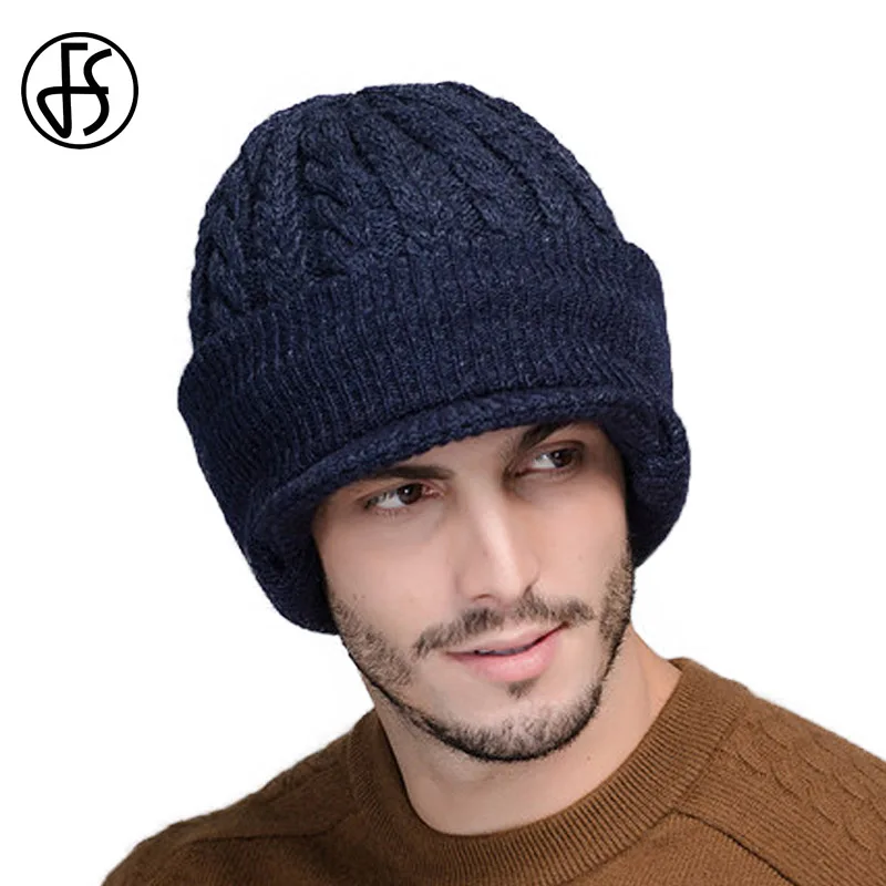 Koop FS Halswarmer Muts Wollen Gebreide Cap Voor Mannen Fleece Gebreide Beanie Hoeden Mannen Skullies Mutsen Casquette