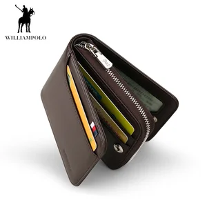 WILLIAMPOLO Short Zipper Black Men Wallets Brand Genuine Leather Wallets Card Holder Men's Purse