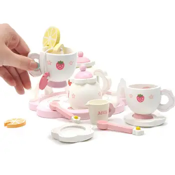 

Wooden Strawberry Afternoon Tea Children's Playhouse Tea Set Pretent Play Simulation Afternoon Tea Birthday Gifts For Kids