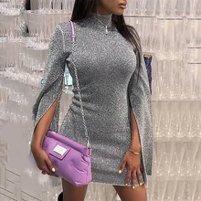 Vestido de gola alta feminino fenda alargamento manga bodycon vestido outono shinny mini vestidos prata glitter vestido de festa vestidos mujer
