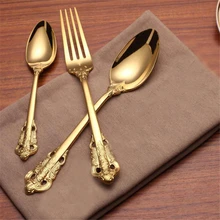Ретро Винтаж тиснением вырезать золотой набор посуды ложка с длинной ручкой& вилки мороженого чайная, кофейная ложка дома посуда