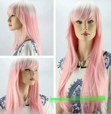 New Fashion Pink White Mix Long Wavy Cosplay Women Wig USPS free Shipping 150328 |