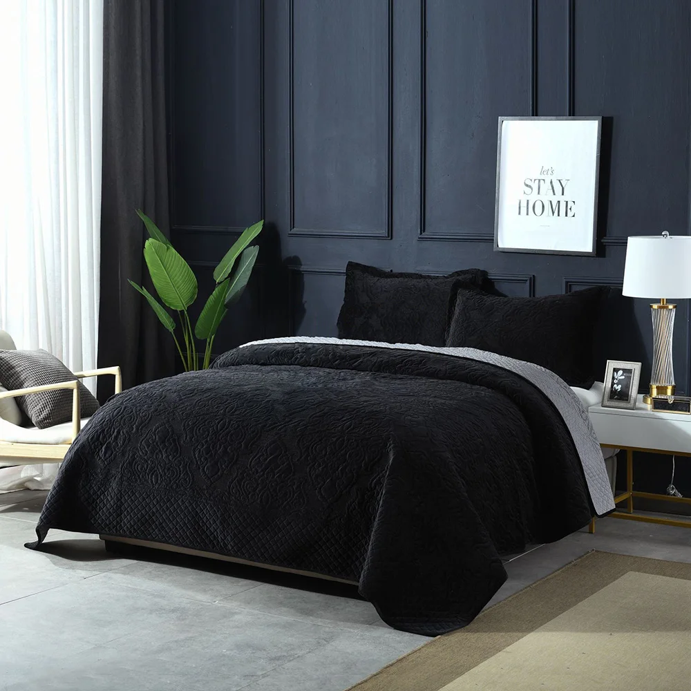 Black Luxury Flannel Bedspread Quilt Set 3pcs Winter Velvet