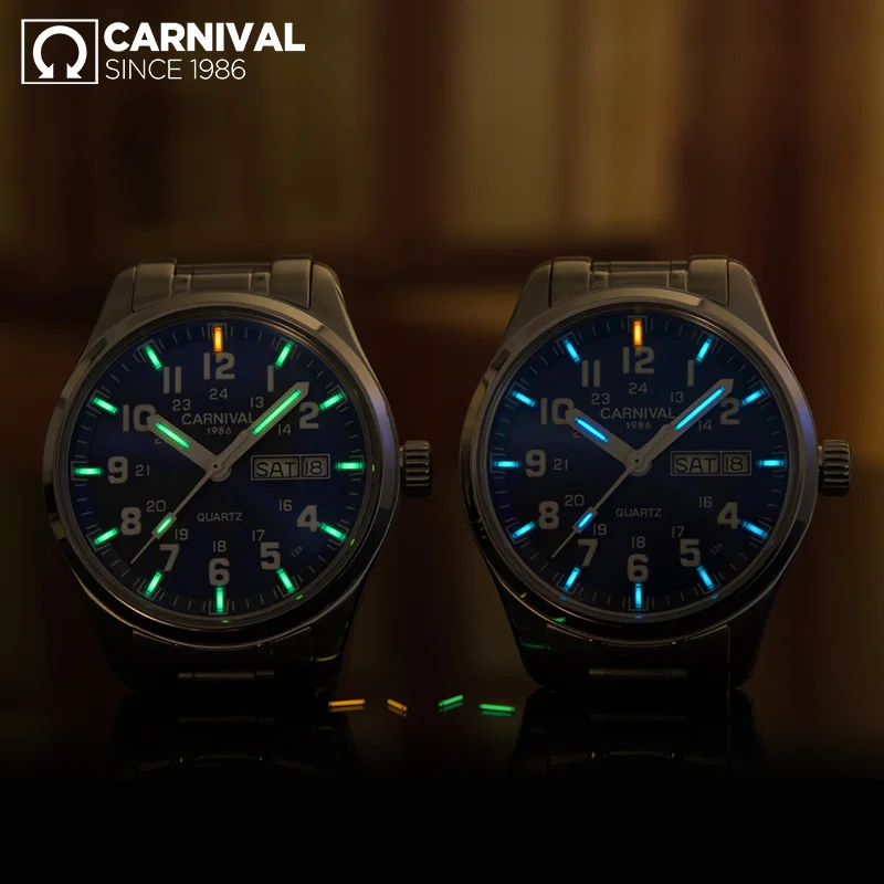 CARNIVAL New Fashion Tritium gas светящиеся часы мужские топ бренд Роскошные Кварцевые