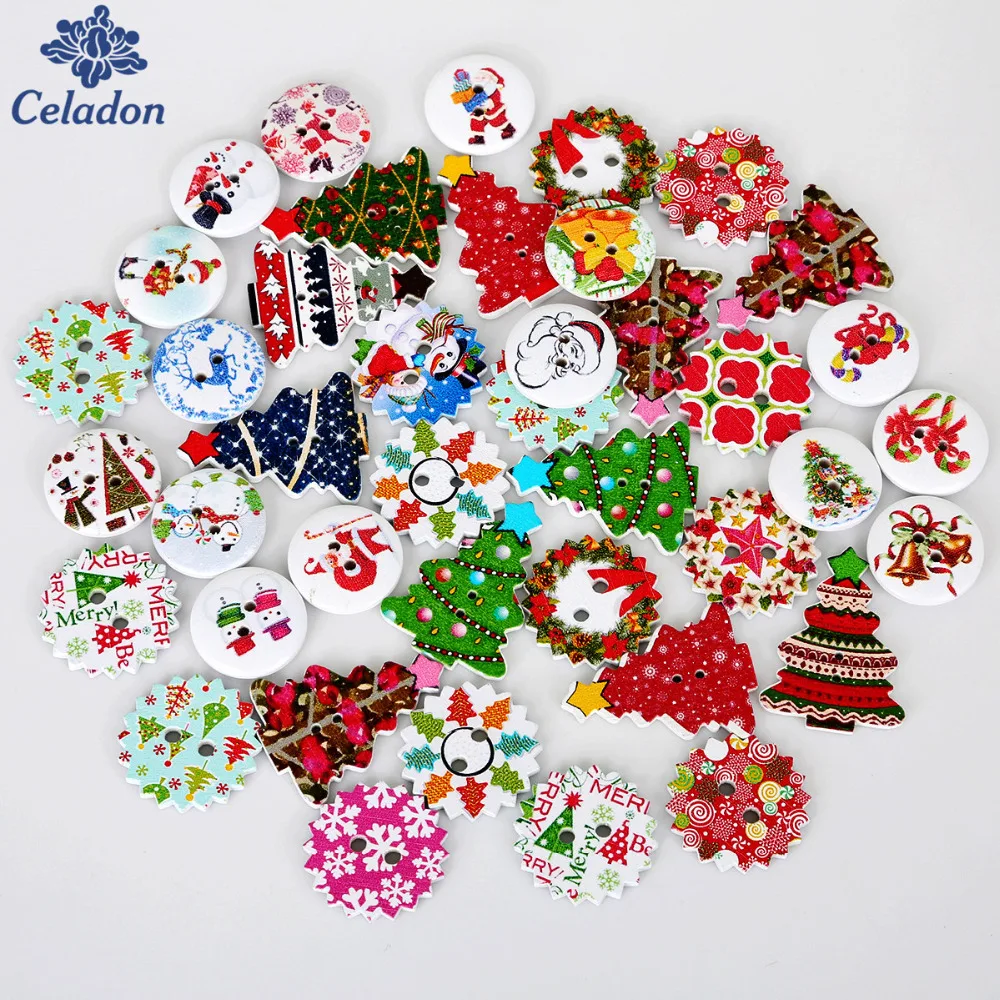 

High Quality Random Mixed 50Pcs Christmas Tree Pattern Wooden decorative Buttons For Scrapbooking Sewing Decoration Crafts
