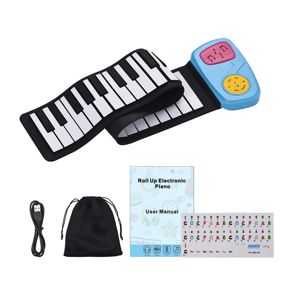 Portable 49-Key Silicon Electronic Keyboard Roll-Up Piano Built-in Speaker With Cartoon Sticker for Children Kids