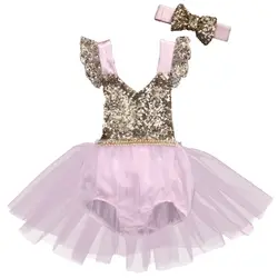 Симпатичные для маленьких девочек Sequined Romper Платья принцессы с v-образным вырезом лоскутное вечерние пачка Сетчатое платье повязки; одежда