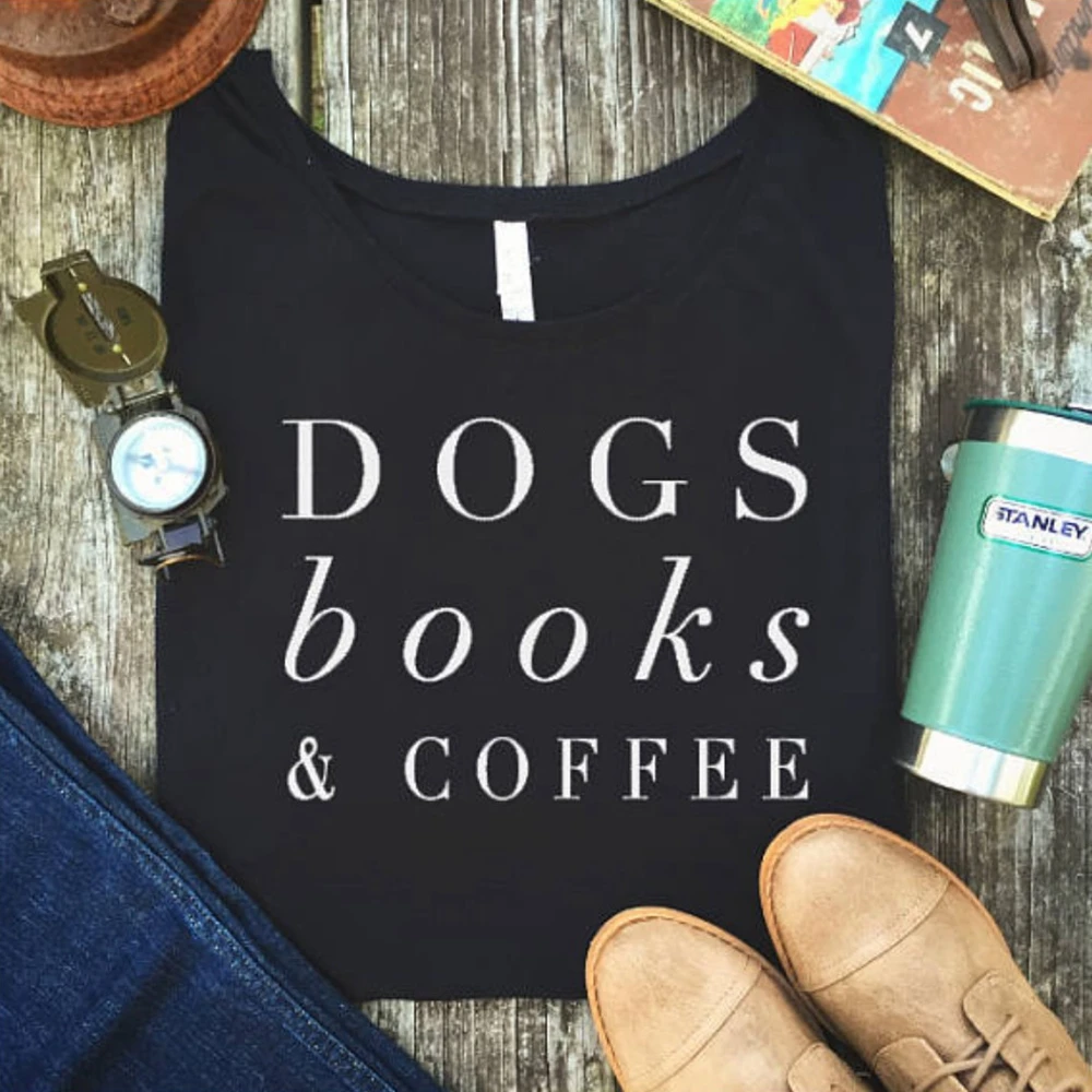Women Tshirt Couple T-shirt Dogs Books & Coffee Letter Fashion Cotton T Shirt Female Casual Summer Tops Tumblr Short Sleeve Tee