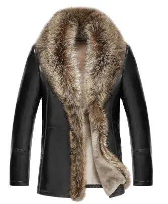 Мужская зимняя куртка из натуральной кожи с воротником из натурального меха енота, Теплая мужская куртка из овечьей шерсти, Высококачественная EMS - Цвет: Black long