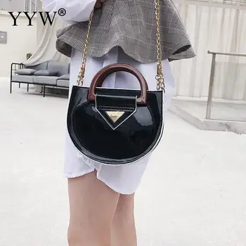 

Black Lacquer Pu Leather Handbag Gothic Chain Crossbody Bags Circle Round Tote Bag Messager Shoulder Bag Bolsos Hombre Girls Bag