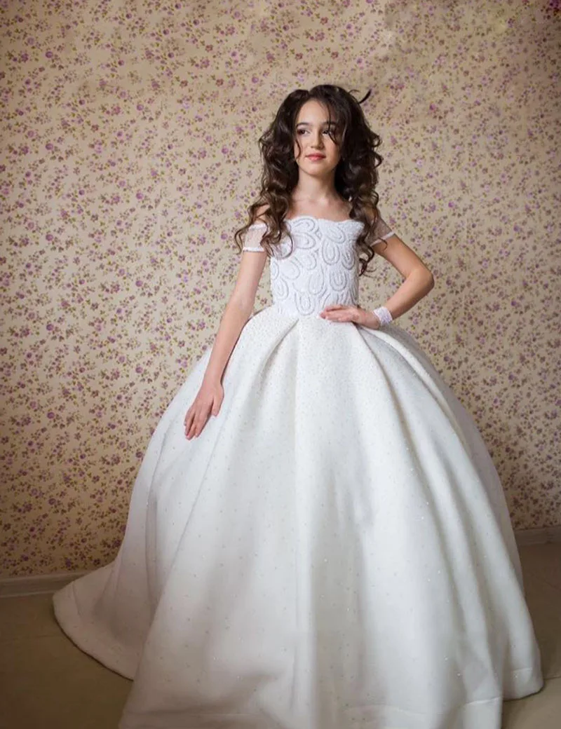 2019 Girls Pageant Gowns Wedding White Flower Girl Dresses Lace Off The