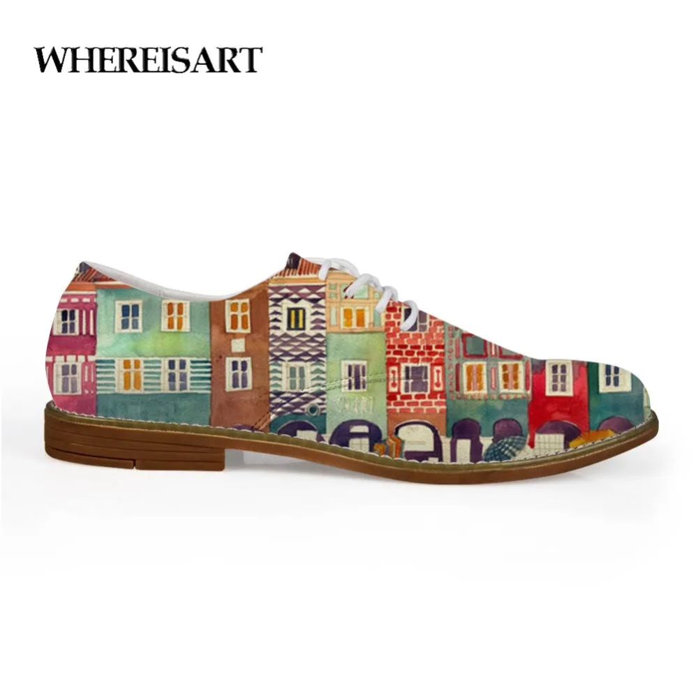 

WHEREISART Classic Leather Shoes Men Breather Men Landsca Painting Fashion Leather Loafers Flat Spot Printing Dress Shoes