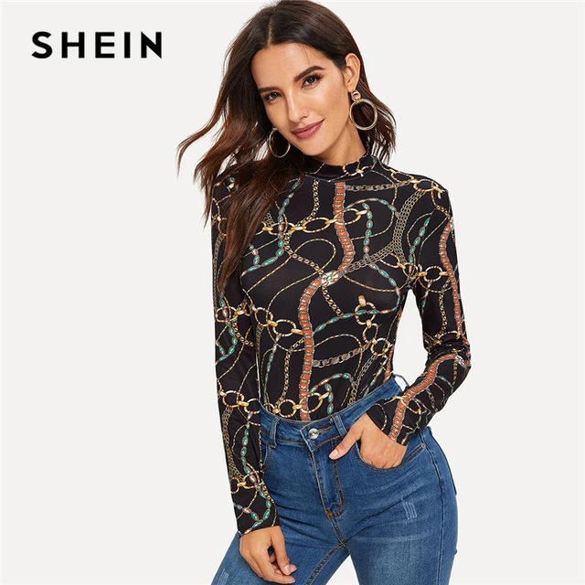 Шеин многоцветный Стенд воротник цепи печати Эластичный Slim Fit Футболка 2019 с длинным рукавом Осень повседневное High Street для женщин т