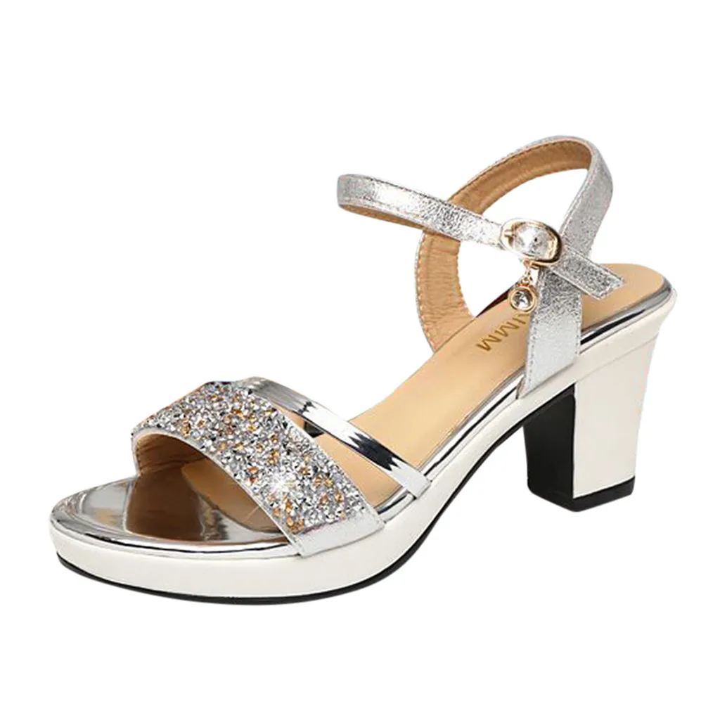 

Women's Ladies Fashion Crystal Summer Sandals Women T-strap Flip Flops Thong Sandals Square Heel Buckle Roman Shoes Sandals #5