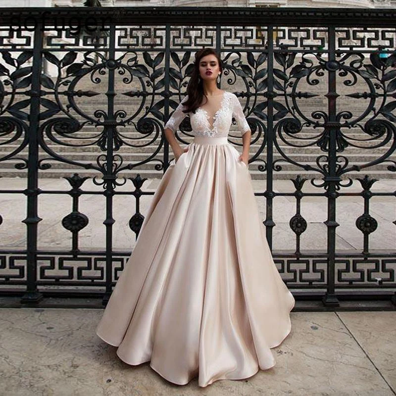 Скромные свадебные, с рукавами до локтя платья 2019 Кружева Аппликация Свадебное платье Элегантное с карманами индивидуальный заказ