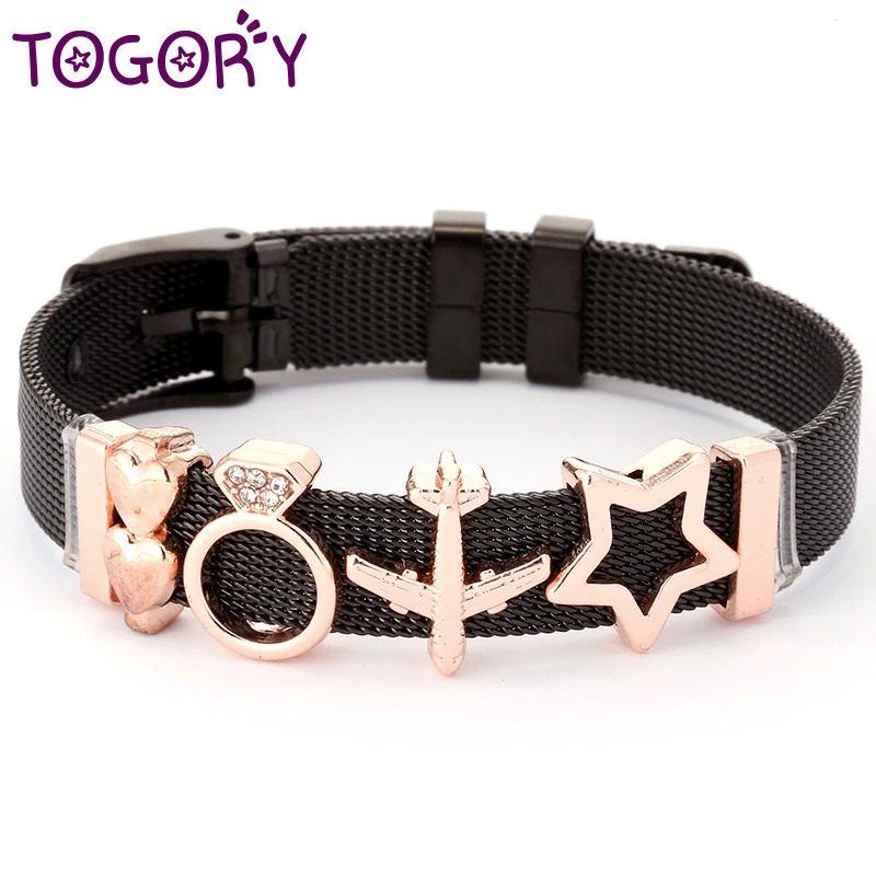 

TOGORY Jewelry Black Stainless Steel Mesh Bracelets Bangles with Star Charms Beads Fine Bracelets DIY Jewelry As Women Gift