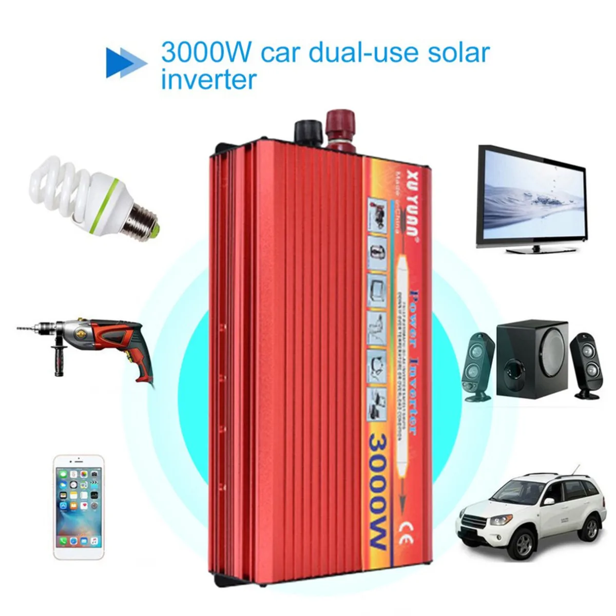 

12V AC 110V Car LED Power Inverter 3000W DC Converter 2xClip Cable Overload Overheat Over-current Protection High Conversion