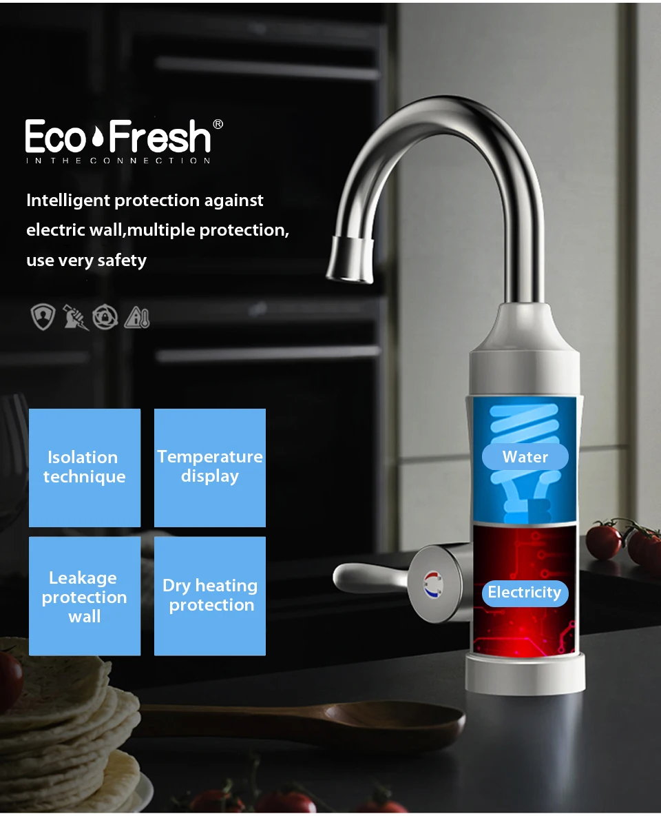 Ecofresh Instant Hot Water Heater Tap Fast Instantaneous Thermostat for Water Heater 3000w Electrical Faucet Temperature Display