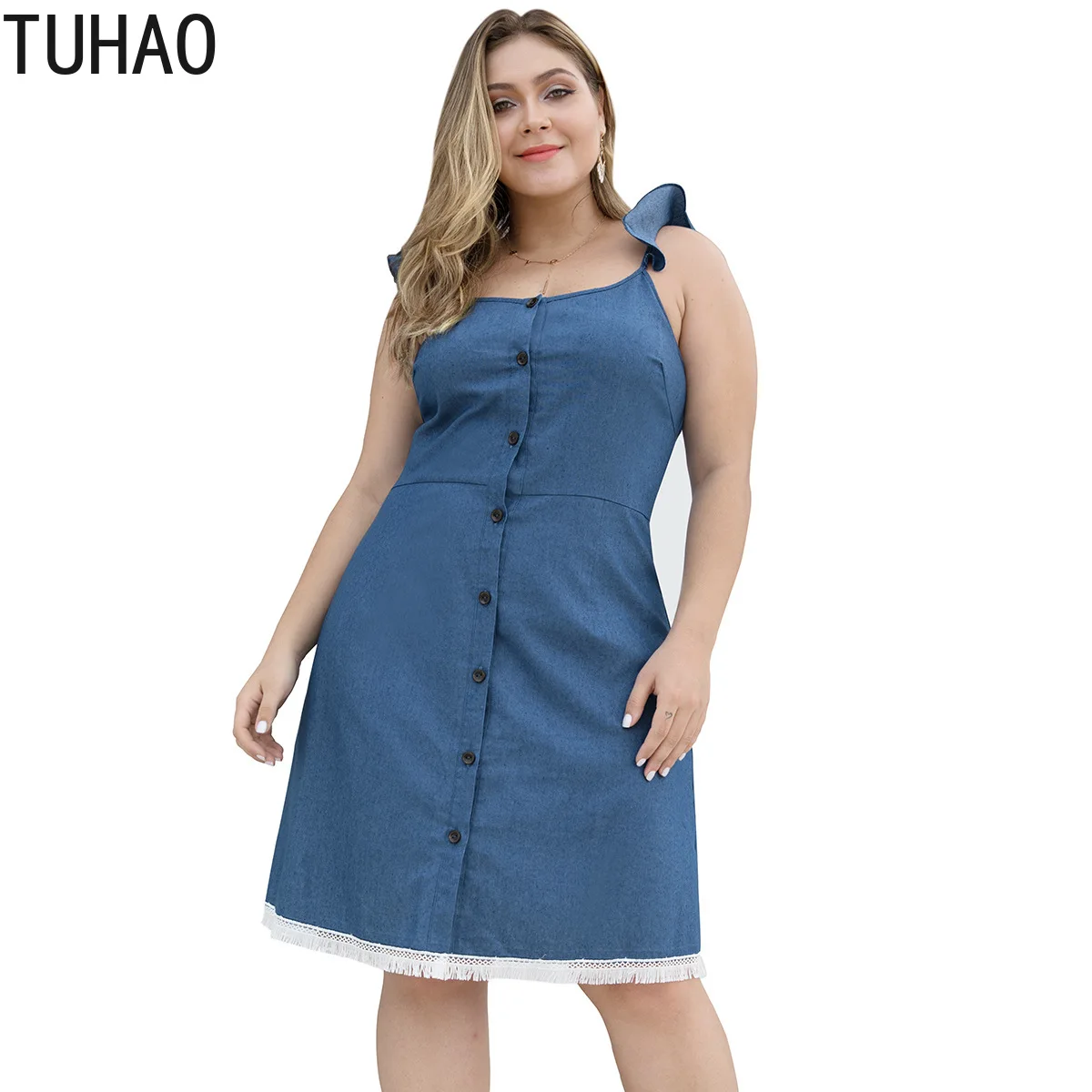 

TUHAO 2019 Tassel High Waist Bohemian Beach Dresses Large Size 4XL 3XL Women's Denim Dress Streetwear Sleeveless Dress LZ07