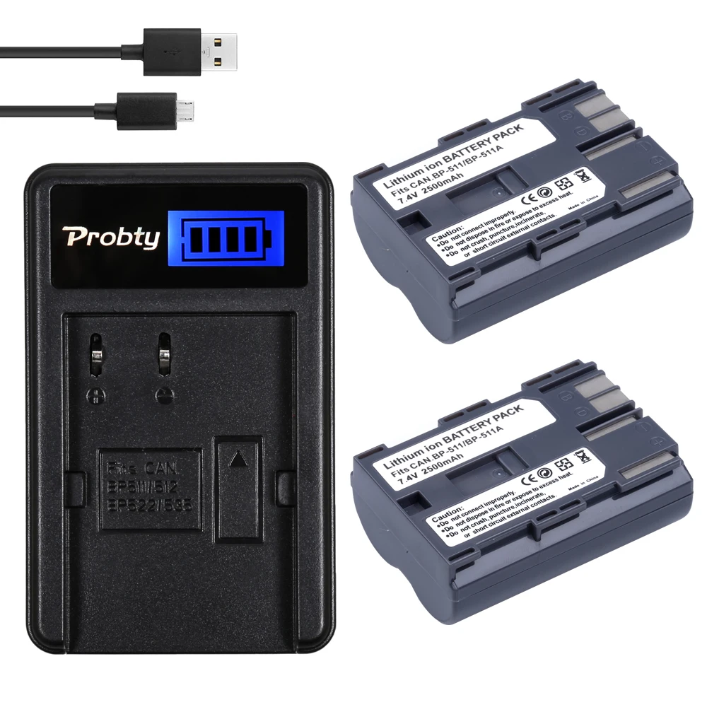 

Probty 2Pcs BP-511 BP 511 BP511 BP511A Battery + LCD USB Charger for Canon EOS 40D 300D 5D 20D 30D 50D 2500mAh