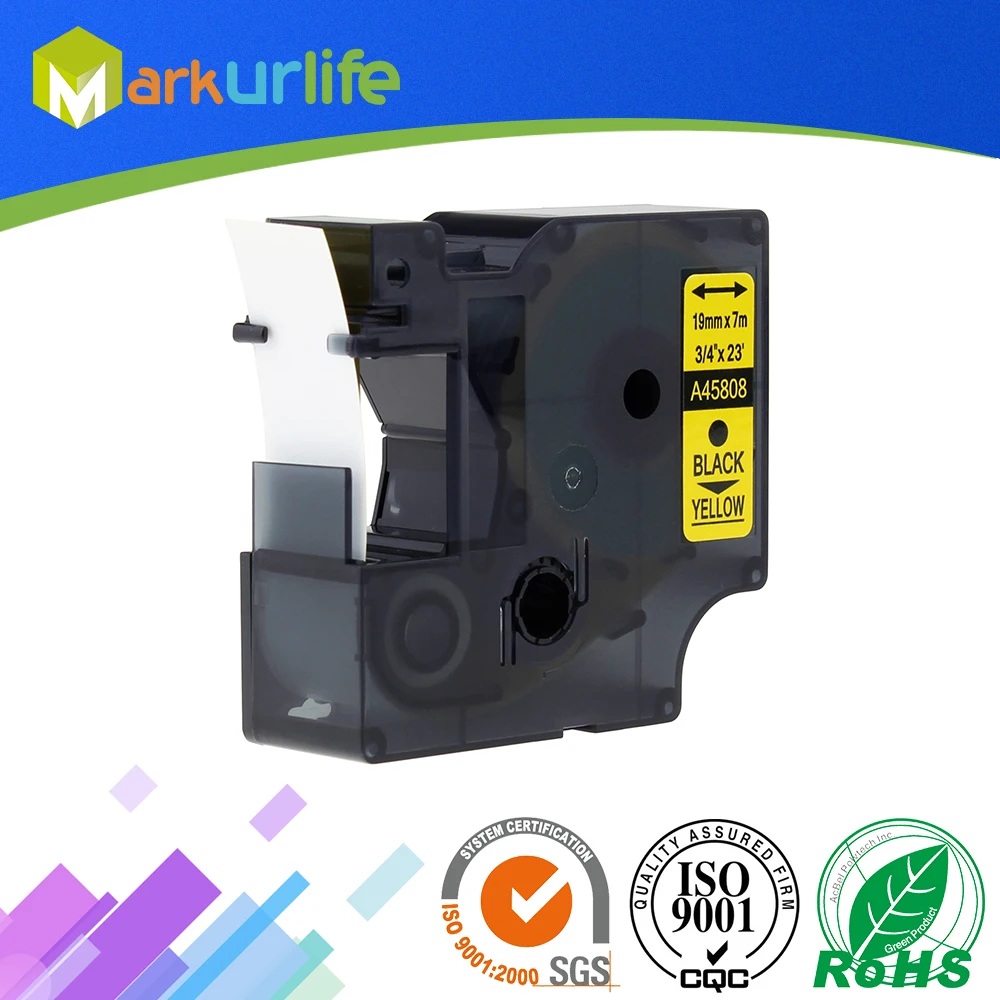 20 Pack Replacement Labeling Tape D1 45808 Black on Yellow Cartridge