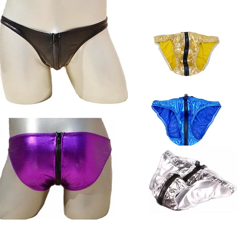 

Sexy Mens Metallic Shiny Men Wet Look Long Crotch Zip Brief Low Rise Thong G-String Pouch Mankini Underwear Lingerie for Him