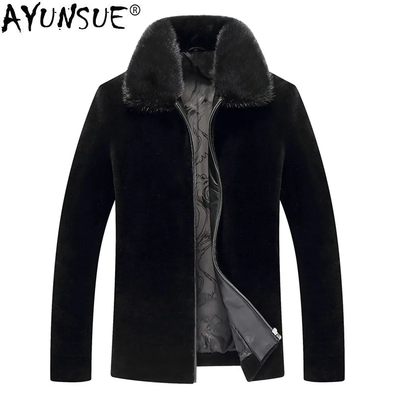 

AYUNSUE Winter Jacket Men Real Sheep Shearing Fur Coat Luxury Natural Wool Fur Coats Men Real Mink Fur Collar Jackets 8833 MY731