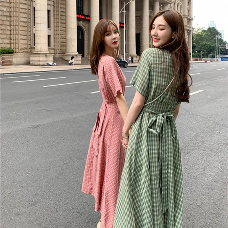 A Line Dresses Woman Summer Cute Japan Korean Style Prairie Sweet Preppy Design Button Shirt Dress Bow Ribbon Tie 7515