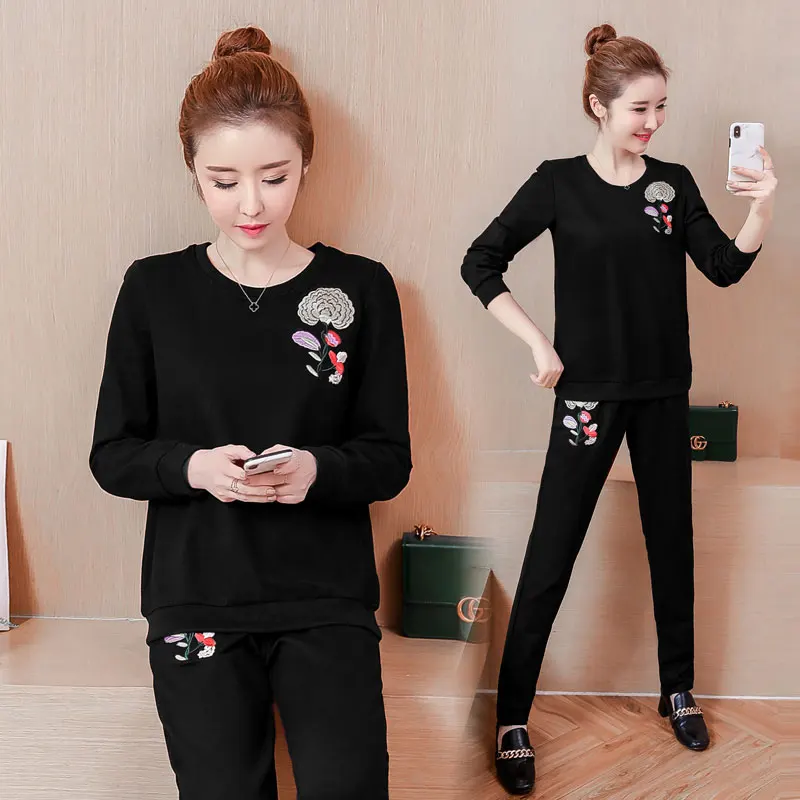 

Black tracksuits for women 2 piece sets plus size 2019 outfits co-ord set sportswear embroidery floral pant and top clothes