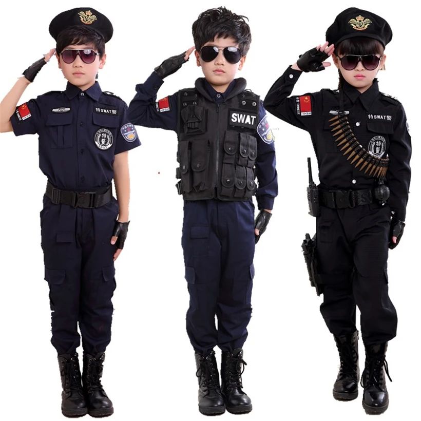 Kaufen Jungen Polizisten Kostüme Kinder Cosplay für Kinder Armee Polizei Uniform Kleidung Set Langarm Kampf Leistung Uniformen