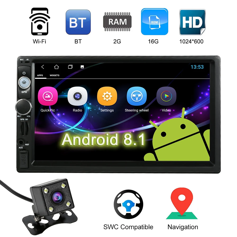 

7 Inch Smart Android 8.1 2 Din BT Car Stereo Radio Player GPS Navigator Multimedia + Wi-Fi AM FM RDS Free Map Rearview Camera