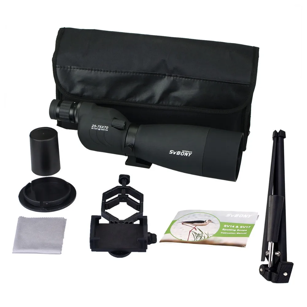 SVBONY Zoom Telescope 25-75x70 SV17 Spotting Scope Waterproof BAK4 Prism FMC Straight Telescope + table Tripod +Adapter F9326