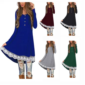 

Oufisun 2019 Autumn Winter Mini New Women Dresses O-Neck Solid Casual Button Princess Dress Lace Fashion Long-Sleeve Dress Party