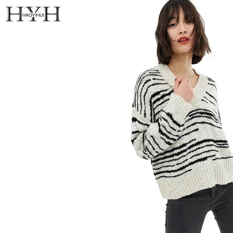 

HYH Haoyihui Personality Minimalism V-neck Falling Shoulder Irregular Stripes Knitting Loose Long Sleeve Autumn Women Sweater