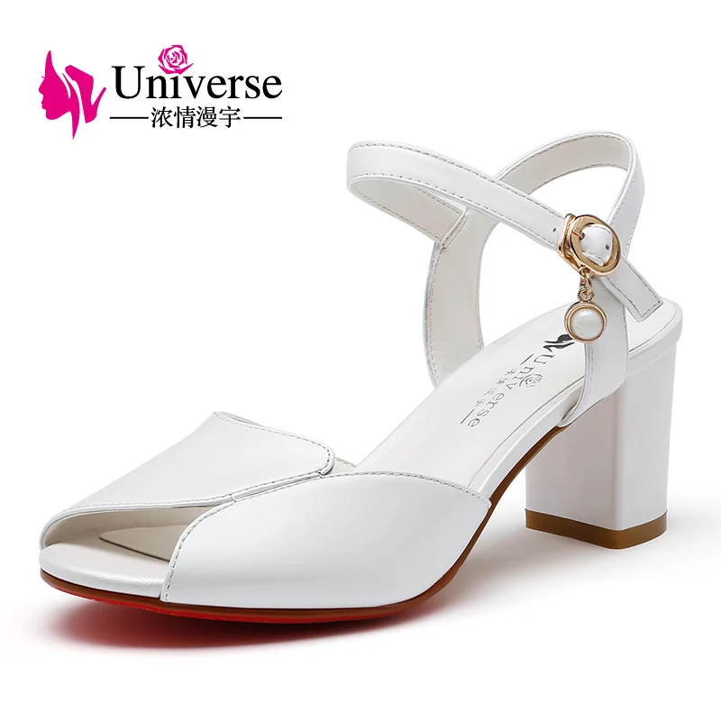 online Plus Size 4.5 9 Concisos Sandálias de Couro Genuíno Universo Branco Rosa Verde Mulheres Confortáveis Sapatos de Salto Quadrado de 6.5 cm 2.56 \