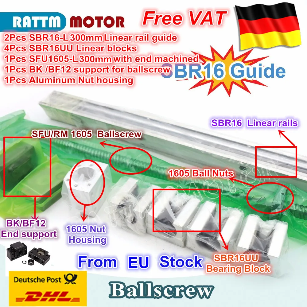 

DE SHIP / free VAT ballscrew SFU1605 -L300mm Ball screw & 2Pcs linear guide SBR16-L300mm + 4PC SBR16UU & BK/BF12 from RATTMMOTOR