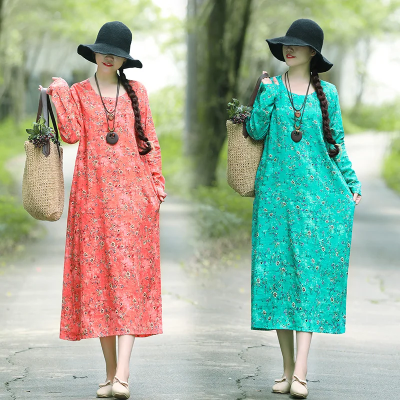 

Literary Large Size Loose Slim Print Dress