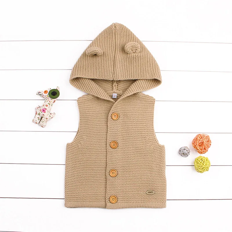 Для маленьких мальчиков и девочек Вязание жилет, жилет с капюшоном, зимний толстый теплый свитер ручной работы Одежда для новорожденных с милыми ушками шапка одежда CL5163 - Цвет: Brown