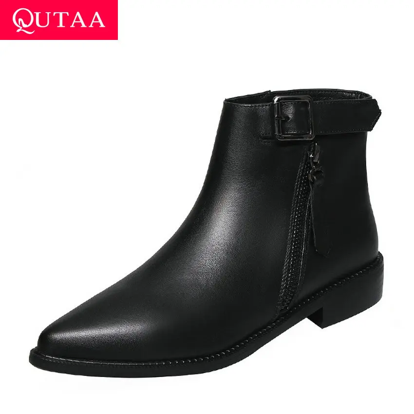 

QUTAA 2020 Soft Cow Leather Low Heel comfort Short boots Buckle Zipper Ankle Boots Pointed Toe Concise Women Shoes Size 34-42