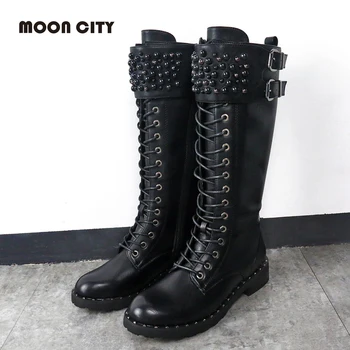 

Women's Boots 2019 Autumn & Winter Fashion female Knee High Black Buckle Lace Up Motorcycle Boots for women Ladies shoes woman