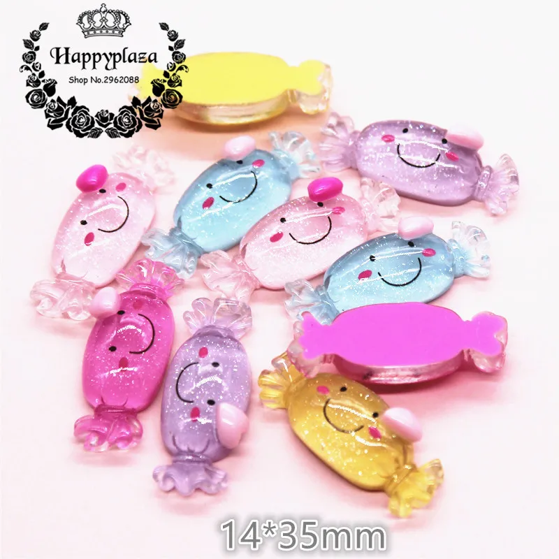 

10pcs Resin Flatback Cabochon Glitter Smile Candy Simulation Food Art Supply Decoration Charm Craft,14*35mm