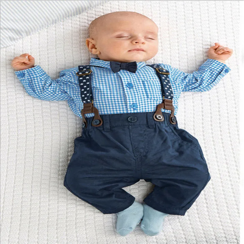 Модная синяя клетчатая рубашка с длинными рукавами и галстуком-бабочкой для маленьких мальчиков+ штаны на подтяжках, брюки, одежда для маленьких джентльменов, 2 предмета