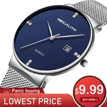 MEGALITH мужские часы 9,99$ спортивные водонепроницаемые светящиеся кварцевые часы стальной сетчатый ремешок наручные часы Мужские часы цена 0047