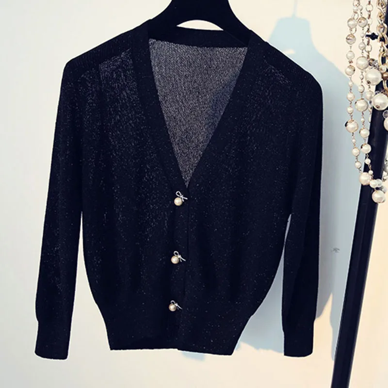 Вязаный перламутровый женский свитер и кардиган короткие шелковые однотонные офисные женские элегантные износоустойчивые кардиганы наивысшего качества - Цвет: black