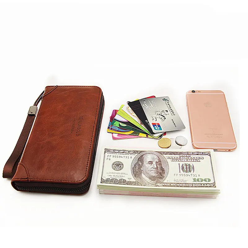 

2019 New Arrival business men long wallet pu leather Large clutches fashion coin pocket zipper phone purse High Quality Oil Wax