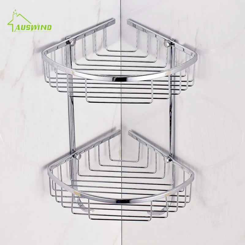 304 stainless steel bathroom accessories double tripod toilet corner rack wall-mounted cosmetic rack storage basket