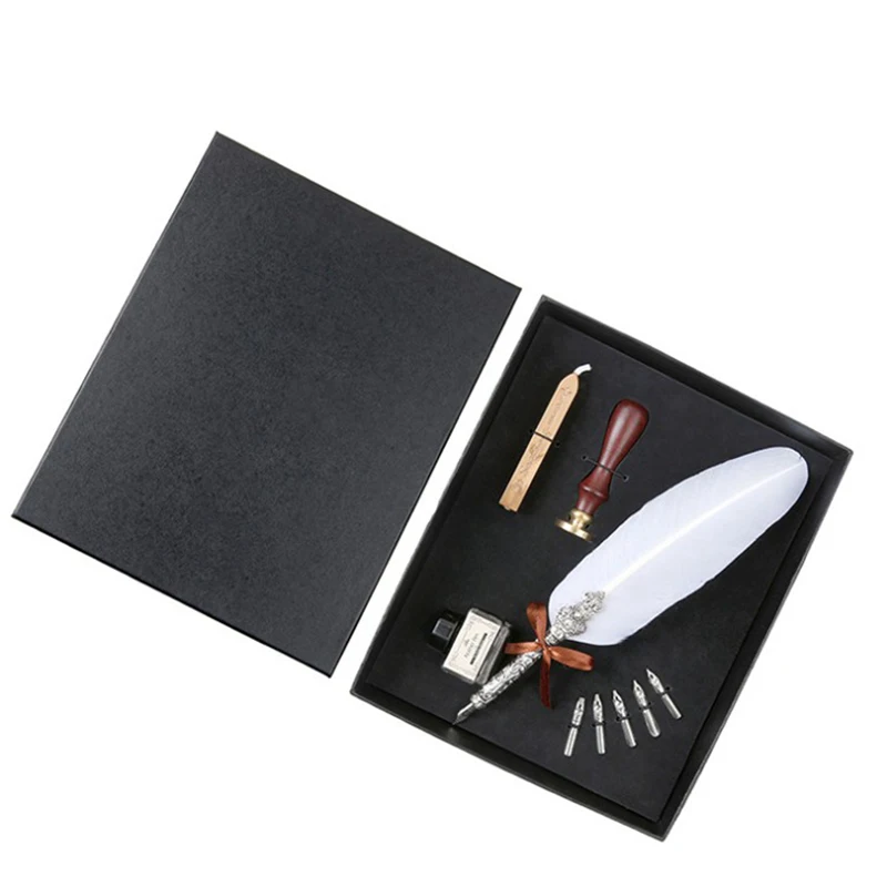 

HOT-Antique Europe Style Feather Fountain Pen Set Quill Calligraphy Writing With Sealing Wax