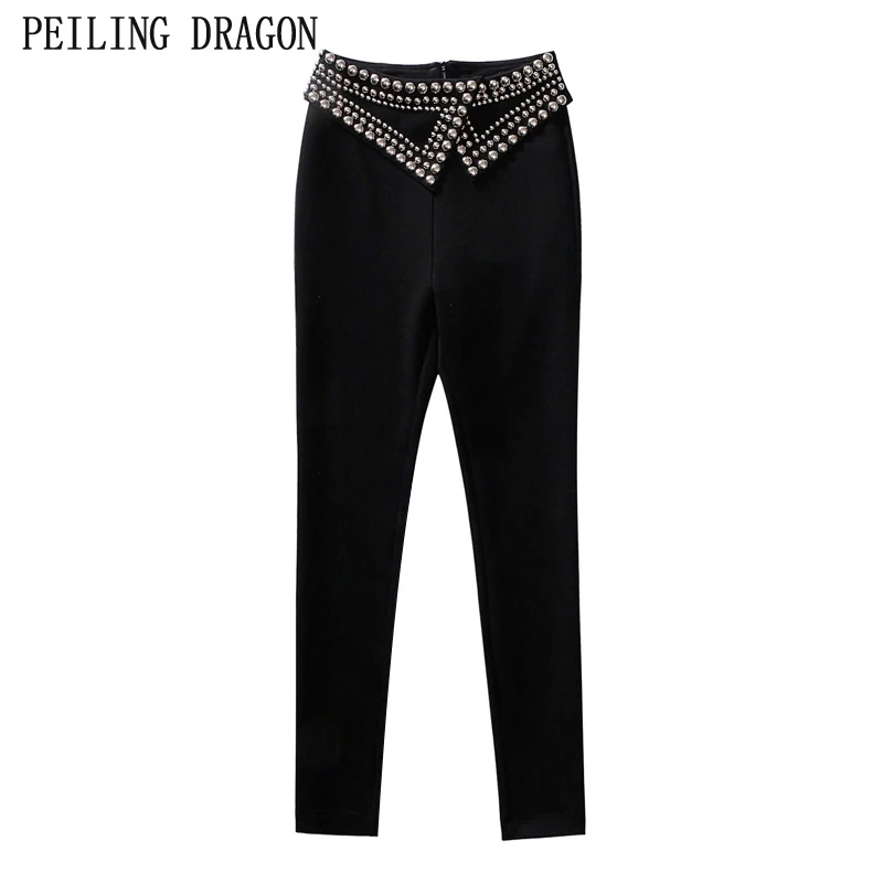 

PEILING DRAGON spring new fashion slim solid color elasticity rivet high waist casual all match pencil pants T1661