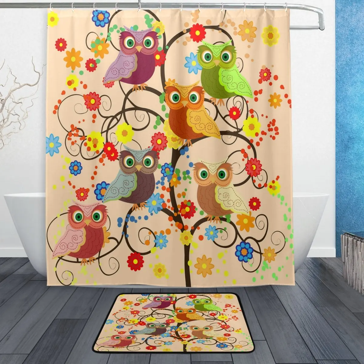Cute Animal Owl Shower Curtain and Mat Set, Cartoon Owl Floral Tree